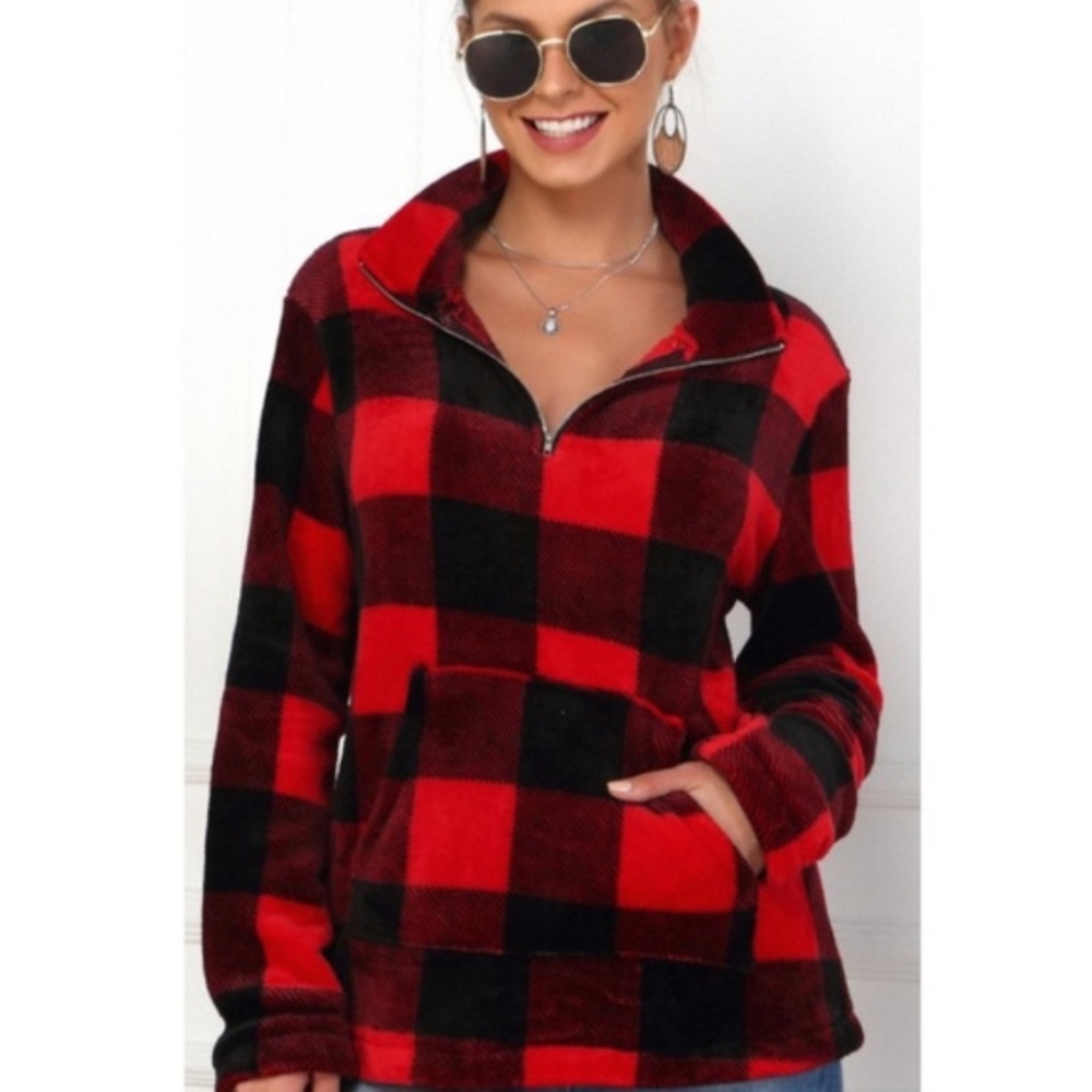 JAX Plaid Zipper detail Sweater - RED - Picture 1 of 3